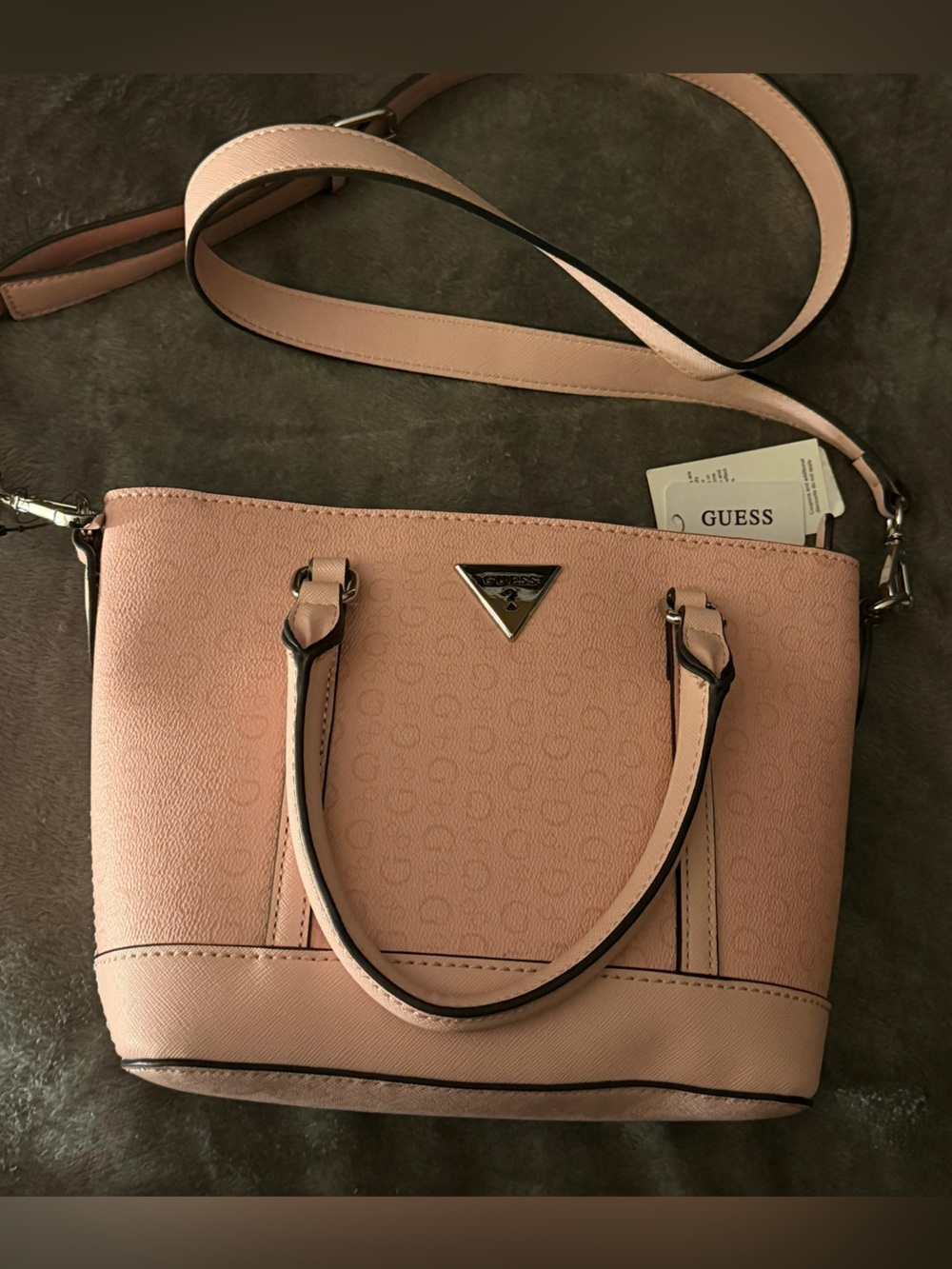 GUESS Blush Pink Logo Satchel with Triangle Logo Plate